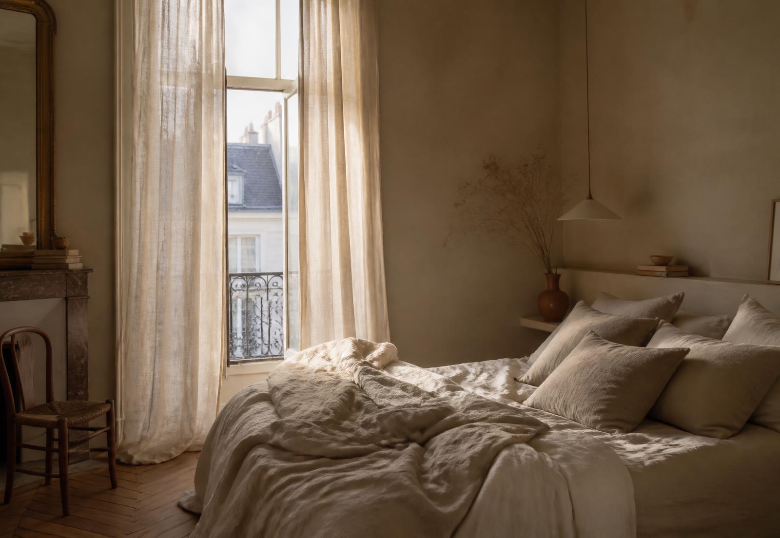 Chambre à coucher chaleureuse baignée par la lumière naturelle du matin, lit en lin froissé et table de chevet en bois
